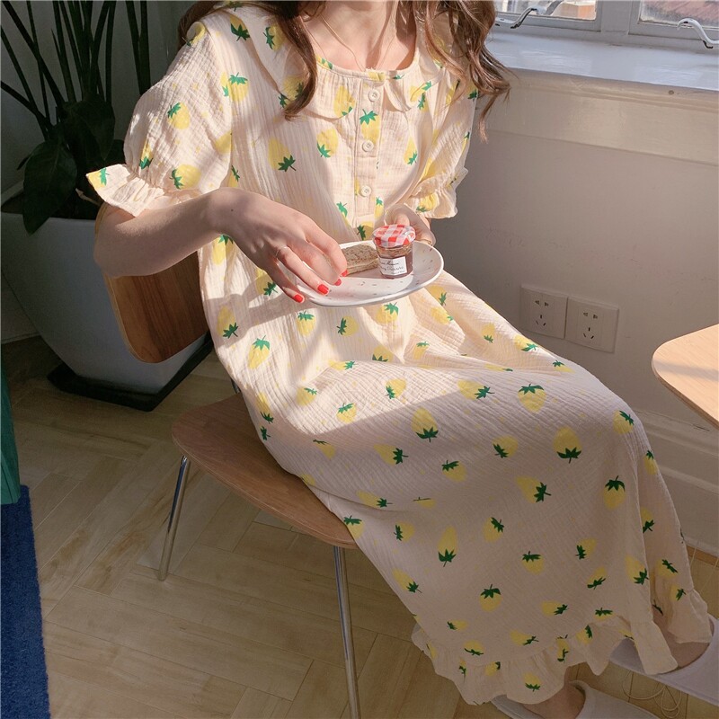 Japan ZGP Strawberry Foreign Dress Student Summer Fall Pyjamas Pure Cotton Suck Sweat Short Sleeve home Sleeping Skirt woman