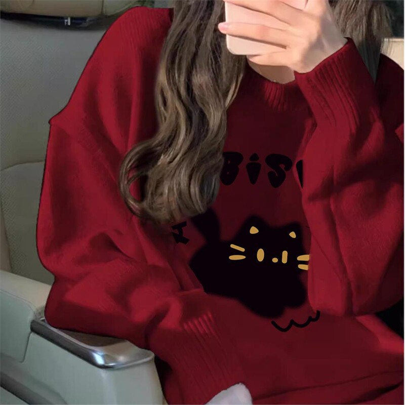 Wine Red Lazy Style Super Stylish Sweater for Women, Autumn and Winter, Loose and Soft Knitwear for Middle and High School Students, Suitable as a Base Layer