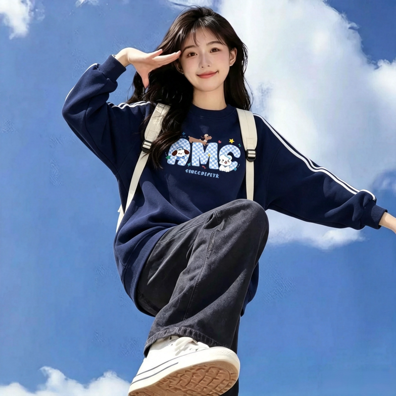 American-Style Three-Stripe Navy Blue Crewneck Sweatshirt for Girls, Thin Spring and Autumn Style, Loose Fit for Middle and High School Students