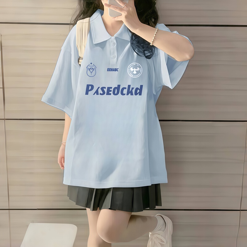 Milk Blue Stylish Girl's Short-Sleeved Polo Shirt, Summer Clothing for Older Children, Loose Cotton T-Shirt Top for Middle and High School Students
