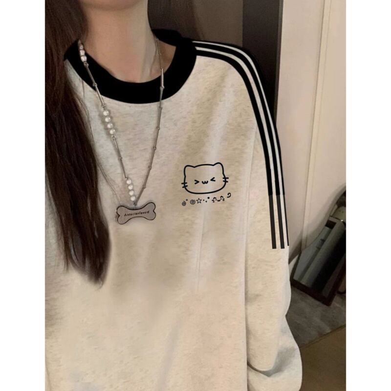 Big Kids and Girls' American-Style Three-Stripe Crewneck Sweatshirt, Autumn and Winter, Loose and Relaxed Pullover Top for Middle and High School Students