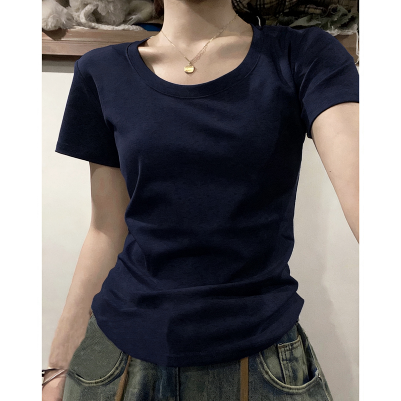 American-Style Navy Blue Slim-Fit Short T-Shirt for Women, Summer 2026, Tight-Fitting High School Outfit, Student Tight-Fitting Regular Shoulder Top