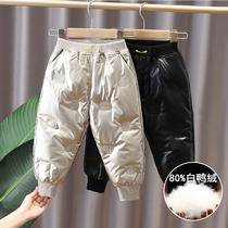 Childrens down pants outside wearing boy girl small boy baby bright face pants winter thickened white duck suede warm pants