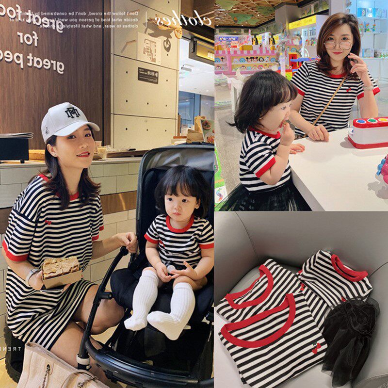 Parents and children wear a family of three net red skirts mother and child women's clothing tide foreign style four summer clothes climbing short sleeve t-shirt summer