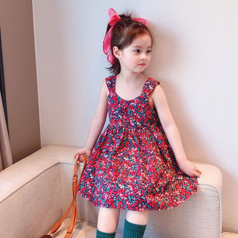 Summer Girls Ocean Dress Children's Baby Boy Nets Red Korean Version Princess Nepotism Pie Burst of Flowers Summer Dress Dress