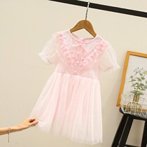 Summer girls lace dress childrens net red hot summer dress Korean version bubble sleeve mesh princess skirt