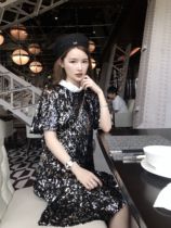 (50% off clearance)Black sequined annual party dress socialite stand-up collar short-sleeved temperament thin loose dress