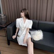 CHICYOU KOREAN CHAEBOL NAME Temperament White Belt Suit Short Sleeve Dress Casual Closedown Display Slim Dress