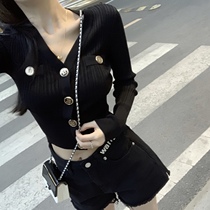 CHICYOU gold buckle ice silk long sleeve 100 lap tight fit sunscreen cardiovert summer air conditioning shirt knitted short blouse