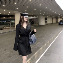 CHICYOU black simple classic quality temperament female star strap waist suit collar long sleeve dress