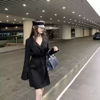 CHICYOU black simple classic quality temperament female star strap waist suit collar long-sleeved dress