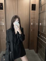 (50% off clearance)Black fake two-piece wool collar stitching boyfriend long-sleeved blazer