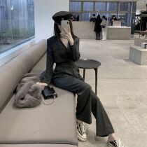 CHICYOU simple temperament dark GRAY high waist thin wild V-neck long sleeve jumpsuit smoking pants trousers