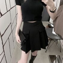 CHICYOU black and white two-color fake pocket high waist thin all-match temperament half-body A-line college style pleated short skirt