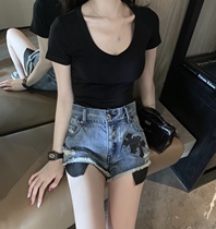 CHICYOU (American fashion girl) leather cross collage silver button pants skinny jeans shorts tide