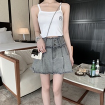CHICYOU BLACK GREY TWO Trendy Wool Edge Short Skirt High Waist Display Slim Denim Skirt S Tide 2021 New Half Body Dress