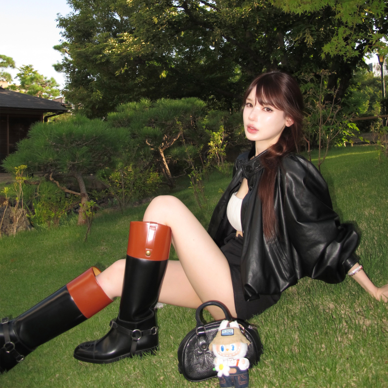 [in Stock] Chicyou Lantern Sleeve Cloud Hem Early Autumn Stand Collar Leather Short Jacket