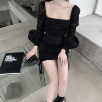 CHICYOU fashionable girl sequins square collar pleated lantern sleeve slim figure sexy girl dress