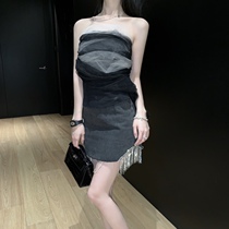 CHICYOU Smoke Grey Diamond Chain Splicing High Waist Display Slim 100 Lap Half Body Dress Summer A Character Denim Short Skirt