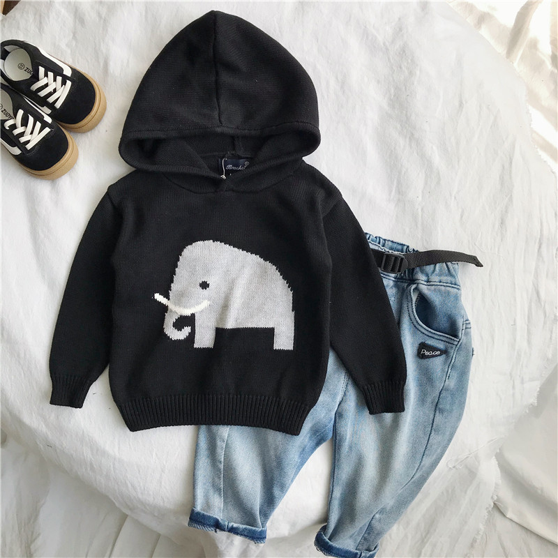 Spring and Autumn Baby Cotton Line Hooded Sweater Children's Black Cotton Knit Sweater Boys and Girls All-match Top Trendy