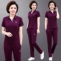 Trang phục thể thao trung niên phù hợp với nữ mùa xuân hè hè giản dị trung niên kích thước lớn cotton hai mảnh tay áo dài - Quần áo của mẹ áo kiểu nữ tuổi 50