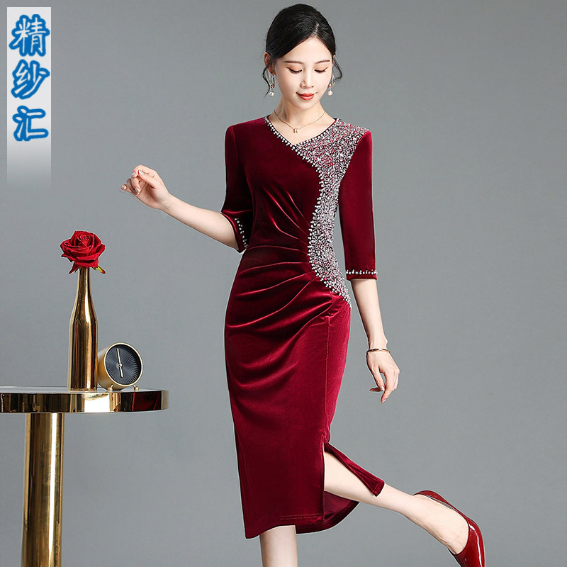 Autumn Improved Cheongsam Wedding Dress Plus Size Dress Middle-Aged Mother-In-Law Wedding Banquet Petite Women Gold Velvet