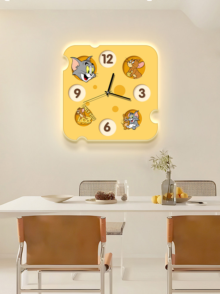Tom and Jerry Living Room Wall Clock, Cream Style Dining Room Wall Lamp, Silent Creative No-Drill Clock