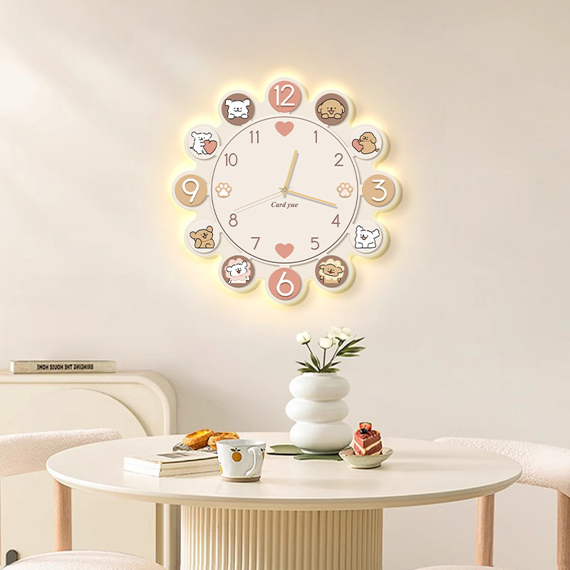Cream-Style Wall Clock for Living Room 2026 New Cartoon Puppy Restaurant Decorative Painting Clock Wall Hanging Creative Clock Wall Lamp