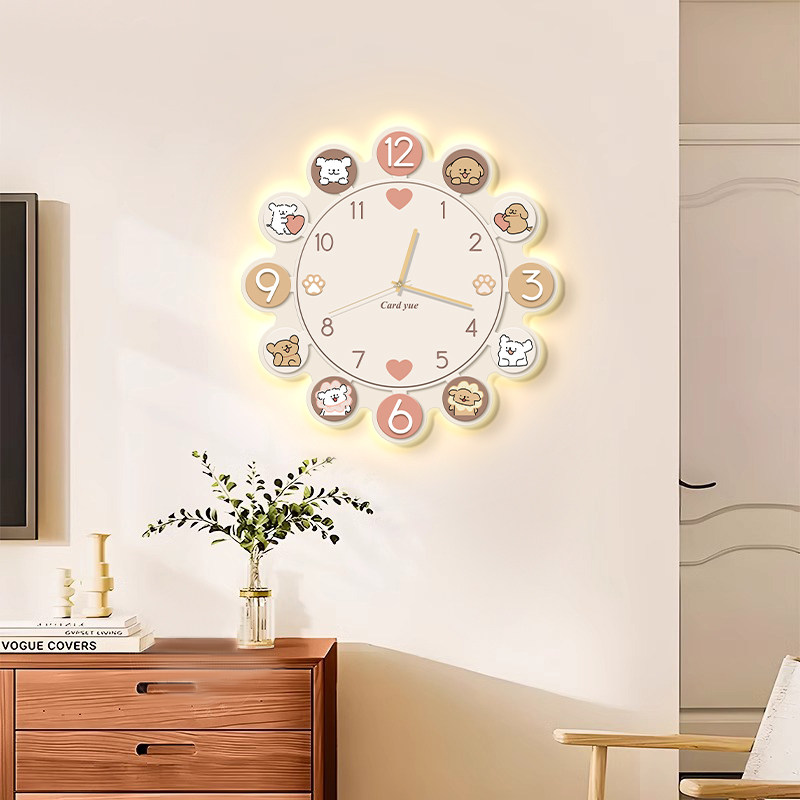 Cream-Style Wall Clock for Living Room 2026 New Cartoon Puppy Restaurant Decorative Painting Clock Wall Hanging Creative Clock Wall Lamp