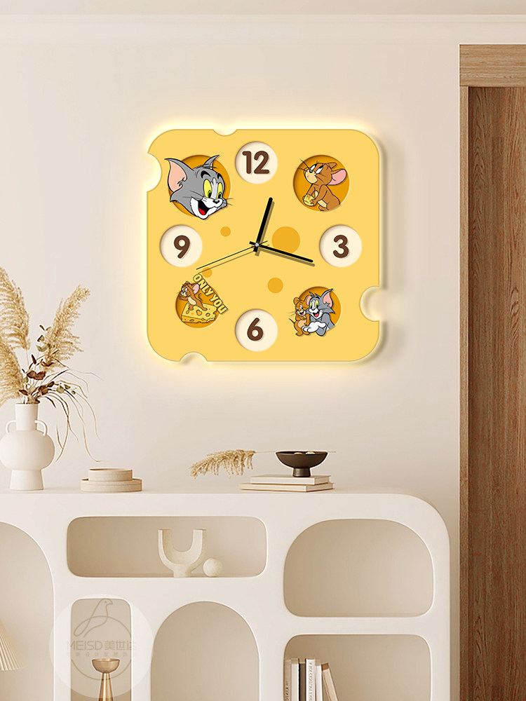 Tom and Jerry Living Room Wall Clock, Cream Style Dining Room Wall Lamp, Silent Creative No-Drill Clock