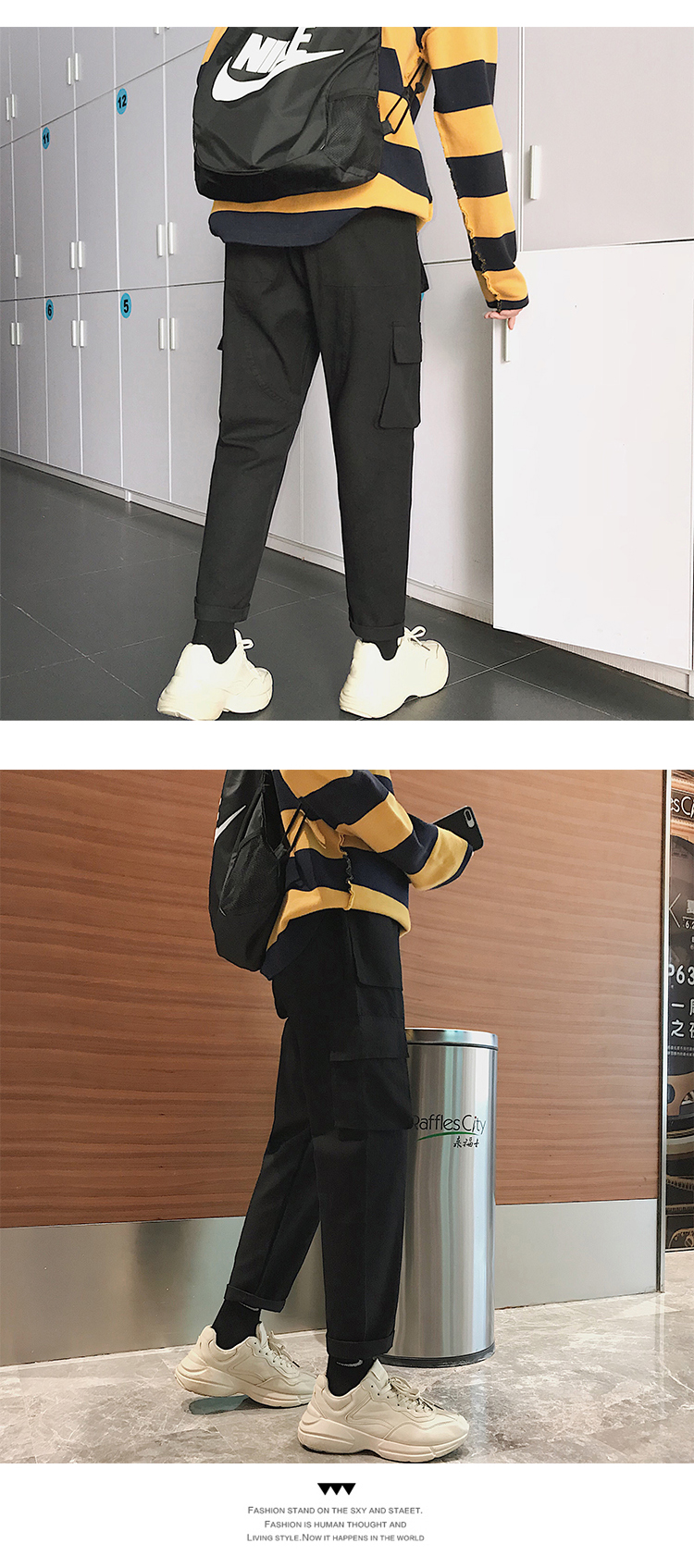 2018 Xu hướng đường phố châu Âu và Mỹ nhiều túi quần yếm Yu Wenle Nhật Bản quần ống rộng thẳng giản dị 9 quần quần dài nam