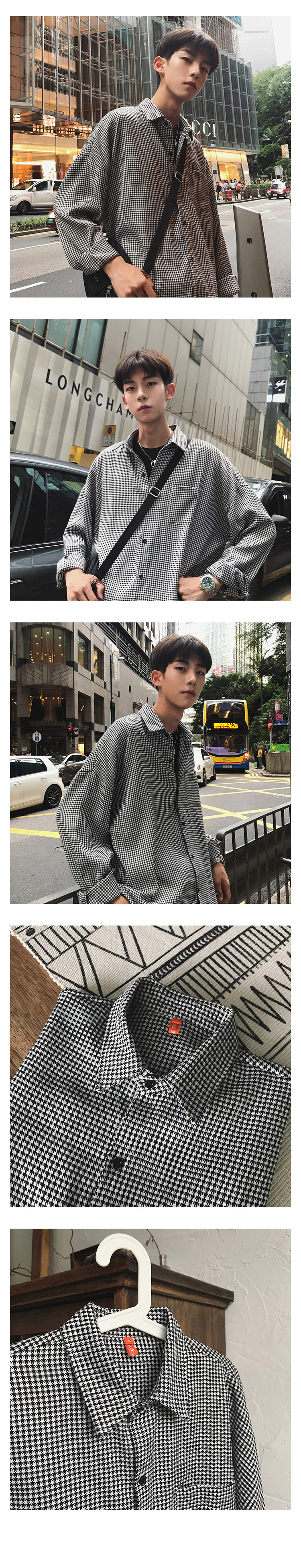 Mùa thu mới Hàn Quốc cổ điển đa năng houndstooth áo sơ mi nam tính khí văn chương tốt kẻ sọc giản dị áo sơ mi dài tay áo sơ mi jean nam