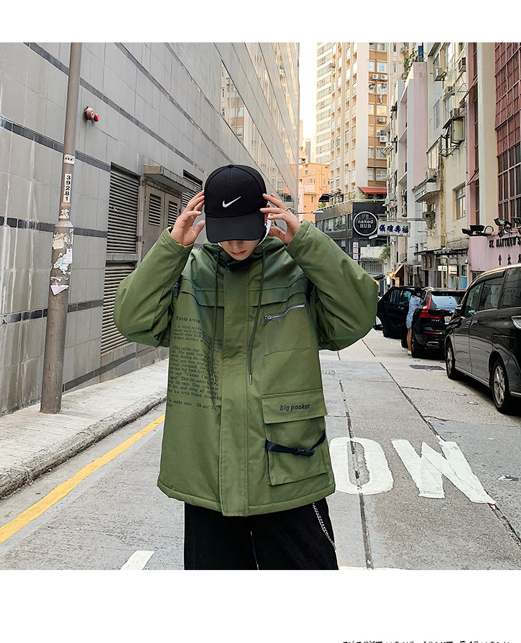 Mùa đông cổng gió xu hướng túi công cụ áo khoác nam Harajuku retro cừu cashmere dày áo trùm đầu bông ấm măng tô nam