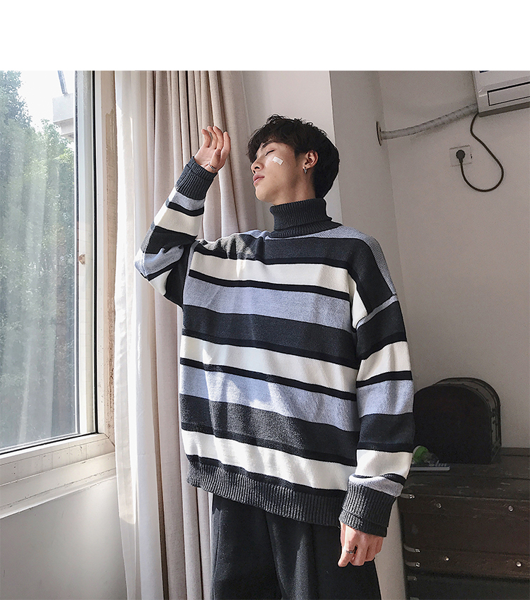 Đẹp bẩn cửa hàng mùa thu và mùa đông màu tương phản sọc áo len cao cổ cặp đôi phiên bản Hàn Quốc của áo len dệt kim sang trọng ấm áp áo thun cặp