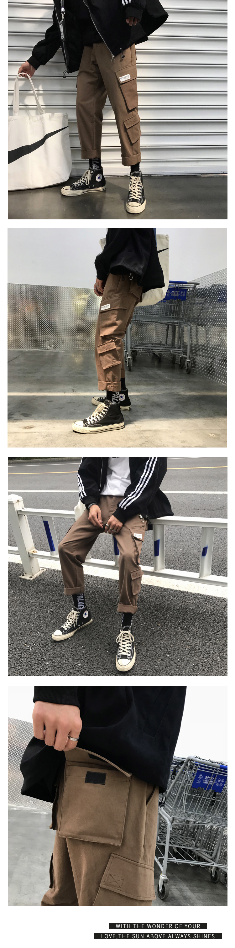 Mùa thu và mùa đông mới Nhật Bản phong cách Harajuku ba chiều nhiều túi overalls retro cà phê màu thủy tinh thương hiệu lỏng quần thẳng thẳng quần gió nam