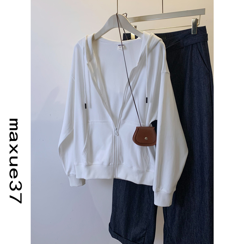 Spring Terry White Zip-Up Cardigan Sweatshirt Jacket for Women, Thin Spring and Autumn Style, Loose Fit, 2026 New Hooded Spring Model