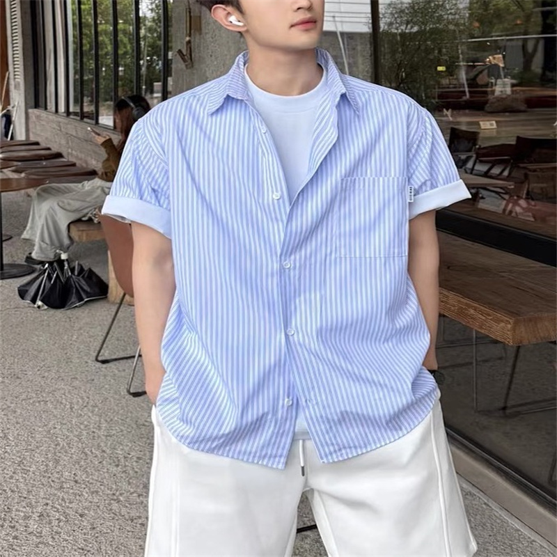 Japanese-Style Workwear Vertical Striped Blue Short-Sleeve Shirt for Men, Summer Thin Versatile Loose Half-Sleeve Shirt Beach Jacket