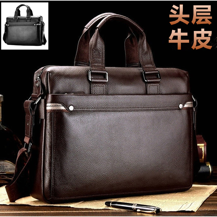 Men's handbag genuine leather horizontal front layer cowhide business briefcase men's large capacity 15.6 inch computer briefcase