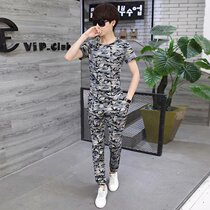 Summer mens sports military training 2021 trend slim clothes short sleeve trousers 2 pieces camouflage suit tooling