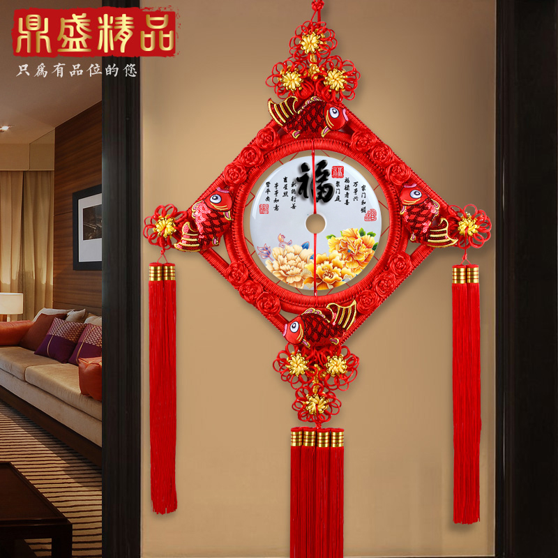 High-grade Chinese knot New Year pendant Jade Peach Wood peace buckle Festive living room entrance blessing word TV background hanging decoration