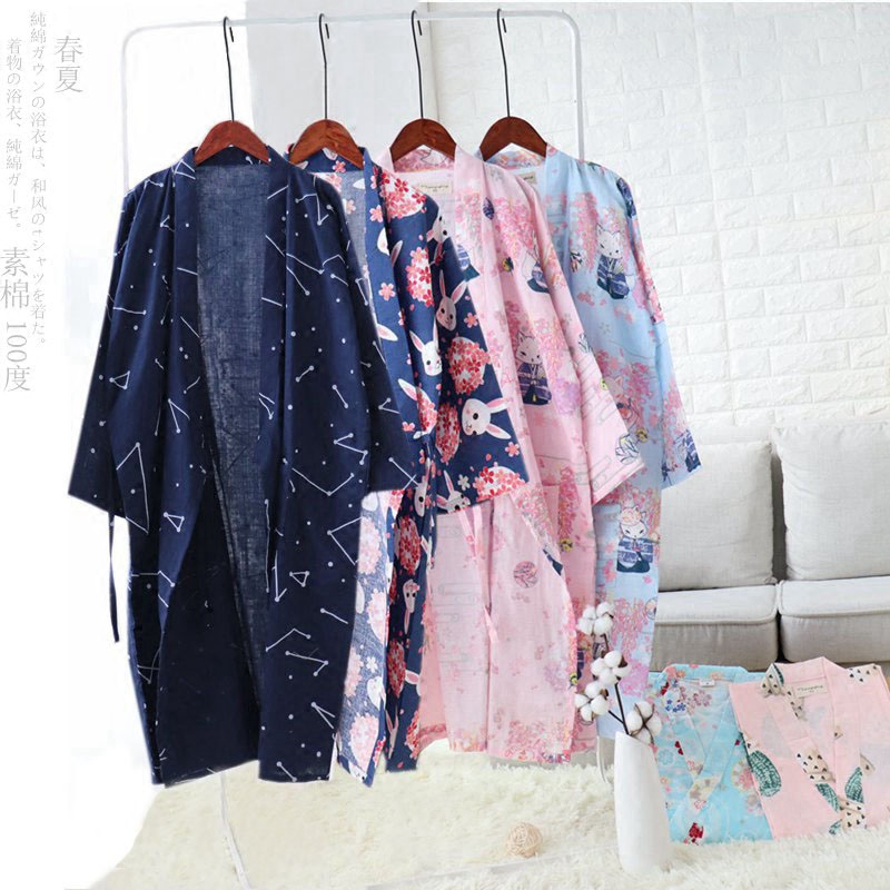 Spring and summer thin gauze dress men sweatrobe full cotton double bathdress female Japanese and wind pajamas crushed flowers