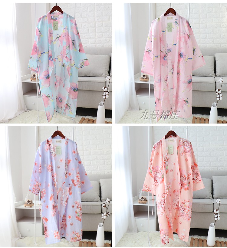 Mùa xuân và mùa hè gạc mỏng nightdress nam cardigan dài đoạn áo bông đôi yukata nữ phong cách Nhật Bản gió đồ ngủ hoa