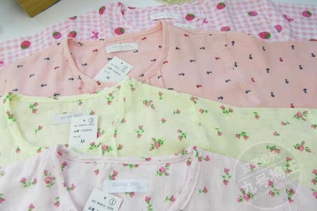 Bông gạc đôi nightdress nữ ngắn tay mùa xuân và mùa hè phần mỏng cotton đồ ngủ phần dài dâu tây tươi hoa nhà ăn mặc