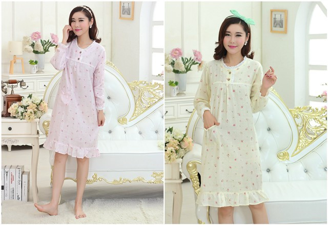 Áo ngủ mùa hè của phụ nữ mỏng gạc đồ ngủ cotton của phụ nữ dài tay nhà áo cotton vải đầu áo choàng lưới hoa váy mặc nhà dễ thương