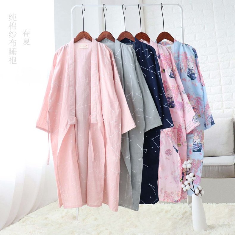 Mùa xuân và mùa hè gạc mỏng nightdress nam cardigan dài đoạn áo bông đôi yukata nữ phong cách Nhật Bản gió đồ ngủ hoa