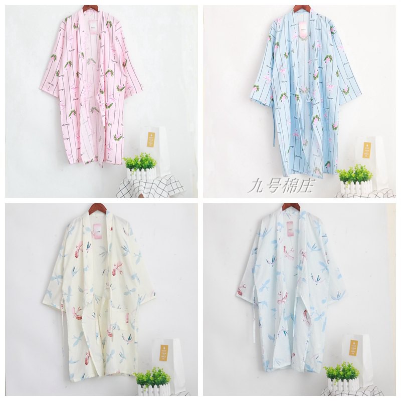 Cặp đôi mùa hè cotton đôi gạc áo ngủ cardigan yukata Nhật Bản và áo ngủ nữ gió áo choàng nam kích thước lớn hoa đồ ngủ voan mỏng