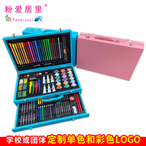 Girl drawing tool set 130 pieces wooden box pink blue color pen art supplies three layer gift box lead painting set