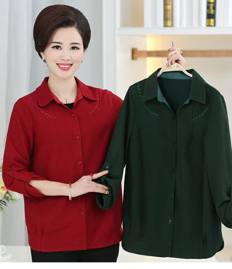 Áo sơ mi dài tay cho mẹ mùa thu Áo len đan cho nữ tuổi trung niên Áo sơ mi nữ trung niên mẫu váy cho người trung tuổi