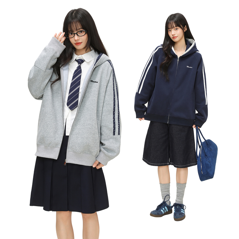Monolux Early Autumn Hooded Polka Dot Patchwork Zipper Cardigan Korean Style Loose College Style Sweatshirt Unisex Jacket