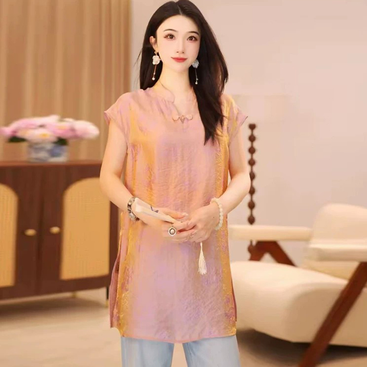 National Style Xiangyun Silk Shimmering Brocade Shirt 2026 Summer New V-Neck National Style Buttoned Slit Stylish Loose Top